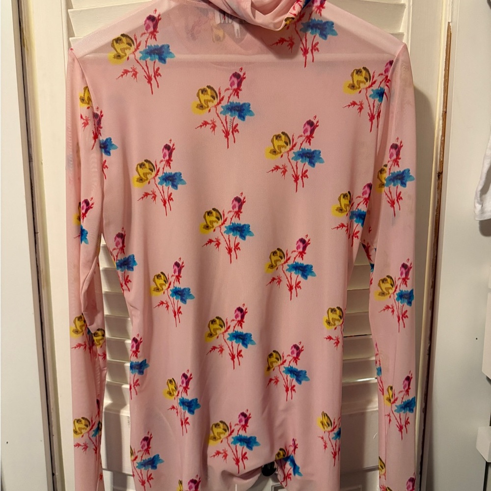Ganni Pink Floral Mesh Long Sleeve Top